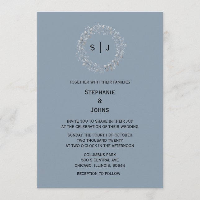 Dusty Blue Monogram Leaf Crest Elegant Wedding Invitation (Front)
