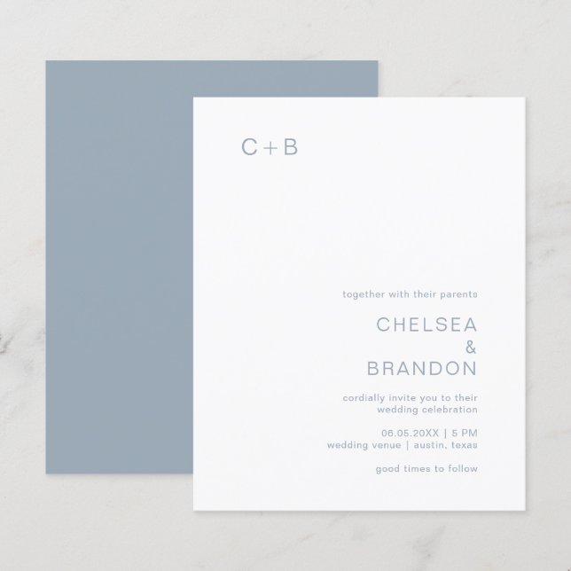 Dusty Blue Monogram Modern Budget Wedding Invite (Front/Back)