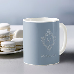 Dusty Blue Monogram Name Elegant Vintage Crest Coffee Mug
