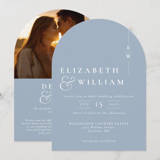 Dusty Blue Monogram QR Code Photo Wedding Arch Invitation (Front/Back)