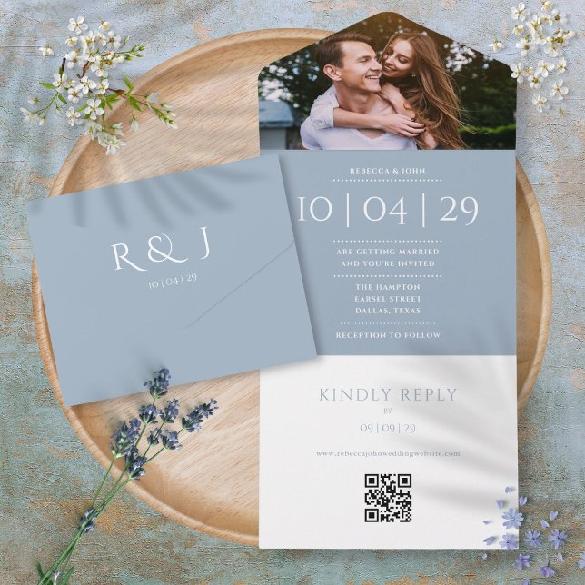 Dusty Blue Monogram QR Code Photo Wedding Date All In One Invitation (Dusty Blue Monogram QR Code Photo Wedding Date All In One Invitation)