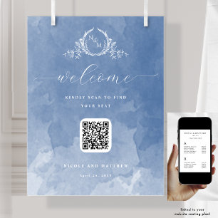 Dusty Blue Monogram QR Code Seating Plan Sign