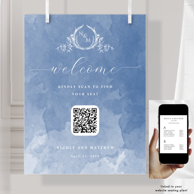 Dusty Blue Monogram QR Code Seating Plan Sign (Creator Uploaded)