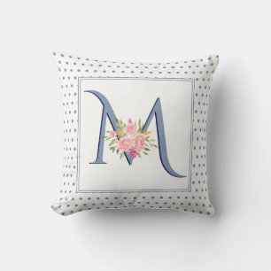 Dusty blue monogram, roses and polka dots cushion