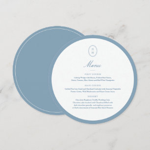 Dusty Blue Monogram Round Wedding Menu Card