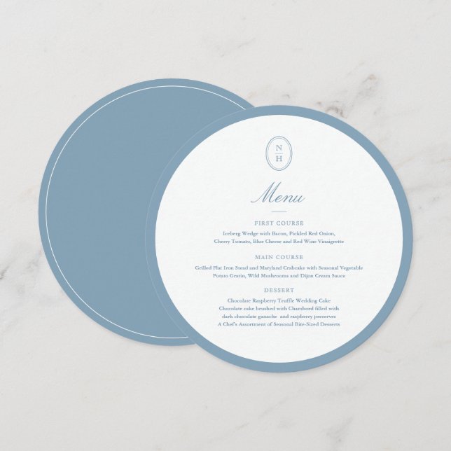 Dusty Blue Monogram Round Wedding Menu Card (Front/Back)