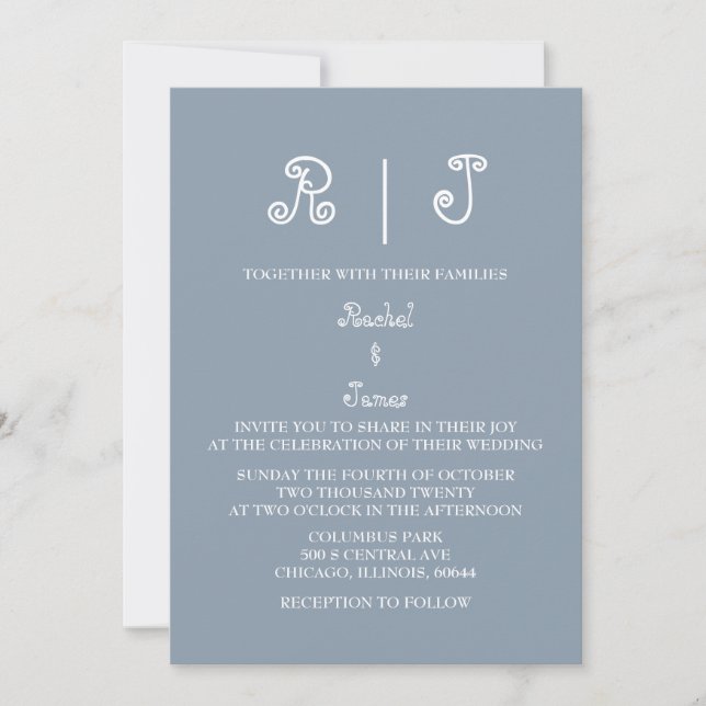 Dusty Blue Monogram Script Minimal Elegant Wedding Invitation (Front)