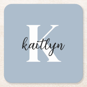Dusty Blue Monogram Square Paper Coaster