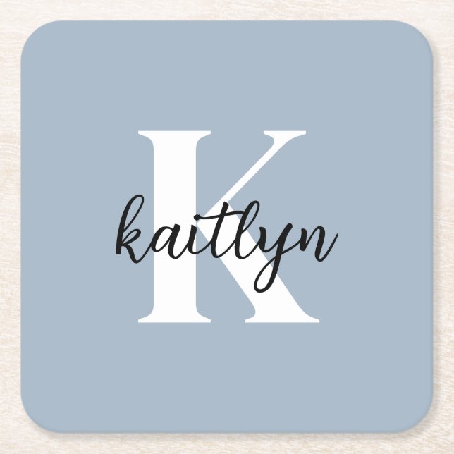 Dusty Blue Monogram Square Paper Coaster (Front)