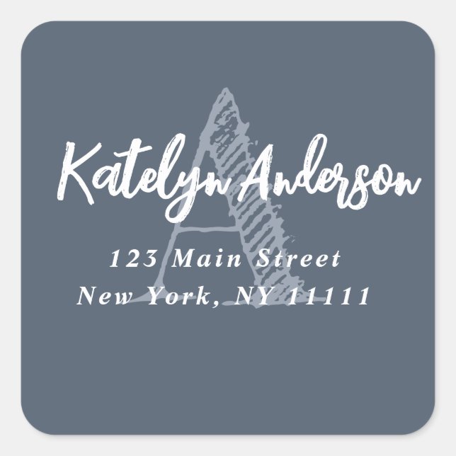 Dusty Blue Monogram Square Return Address Label (Front)