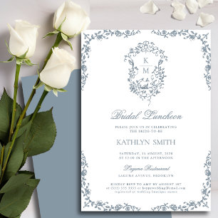 Dusty Blue Monogram Vintage Crest Bridal Luncheon Invitation