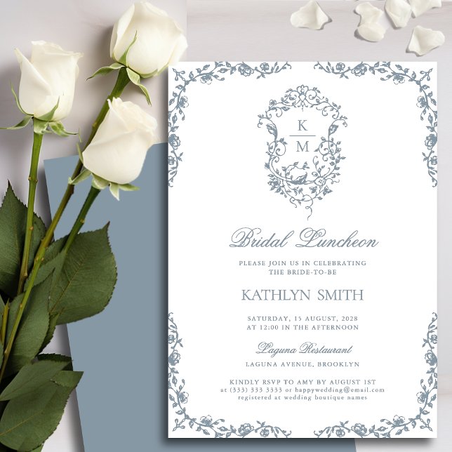 Dusty Blue Monogram Vintage Crest Bridal Luncheon Invitation (Creator Uploaded)