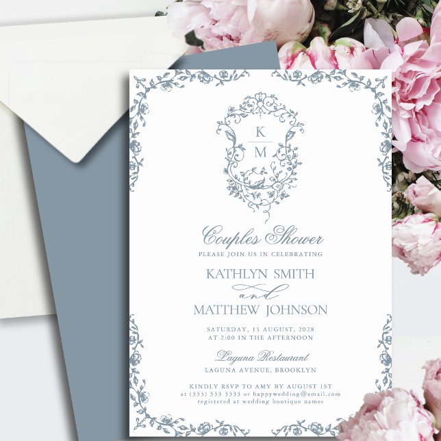 Dusty Blue Monogram Vintage Crest Couples Shower Invitation (Creator Uploaded)