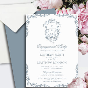 Dusty Blue Monogram Vintage Crest Engagement Party Invitation