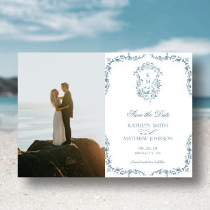 Dusty Blue Monogram Vintage Crest Save The Date Magnetic Invitation