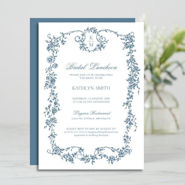Dusty Blue Monogram Vintage Frame Bridal Luncheon Invitation (Creator Uploaded)