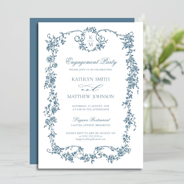 Dusty Blue Monogram Vintage Frame Engagement Party Invitation (Creator Uploaded)