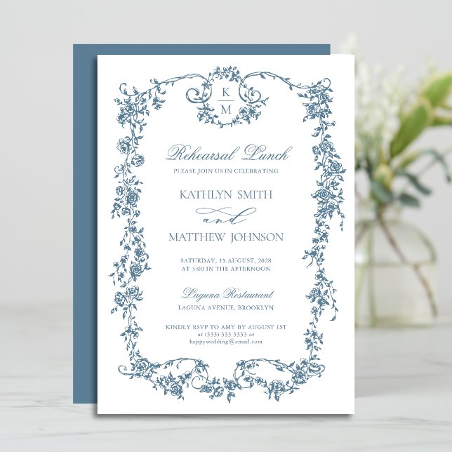 Dusty Blue Monogram Vintage Frame Rehearsal Lunch Invitation (Creator Uploaded)