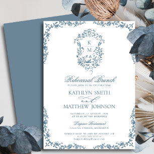 Dusty Blue Monogram Vintage Rehearsal Brunch Invitation