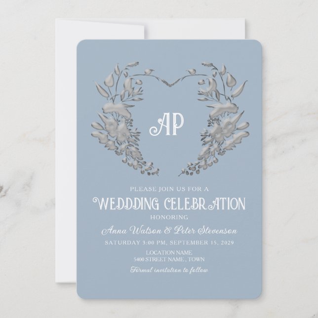 Dusty Blue Monogram Vintage Wedding Invitation (Front)