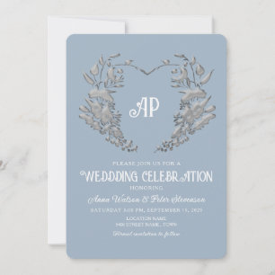 Dusty Blue Monogram Vintage Wedding Invitation