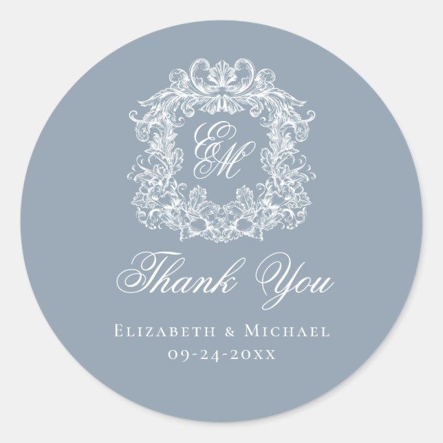 Dusty Blue Monogram Wedding Crest Thank You Classic Round Sticker (Front)