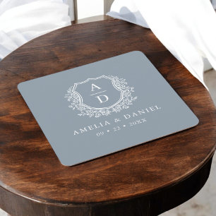 Dusty Blue Monogram Wedding Floral Crest Elegant Square Paper Coaster