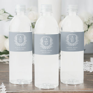 Dusty Blue Monogram Wedding Floral Crest Water Bottle Label