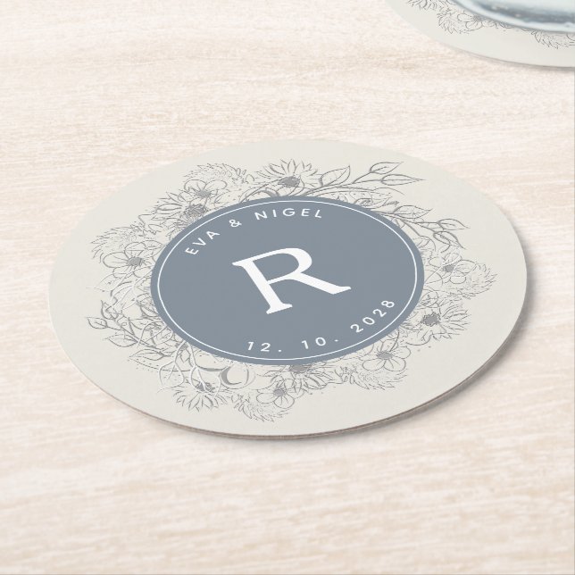 Dusty Blue Monogram Wedding Round Paper Coaster (Angled)