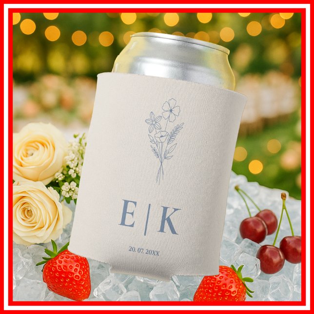 Dusty Blue Monogram Wildflower Wedding Can Cooler (Creator Uploaded)