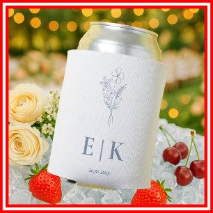 Dusty Blue Monogram Wildflower Wedding Can Cooler