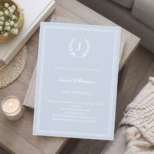 Dusty blue monogram wreath minimalist birthday invitation