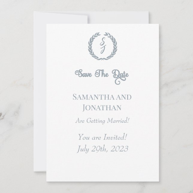 Dusty Blue Monogram Wreath Save the Date Card (Front)