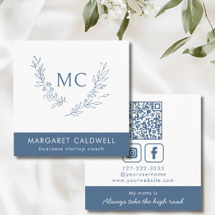 Dusty Blue Monogram Wreath Square Business Card