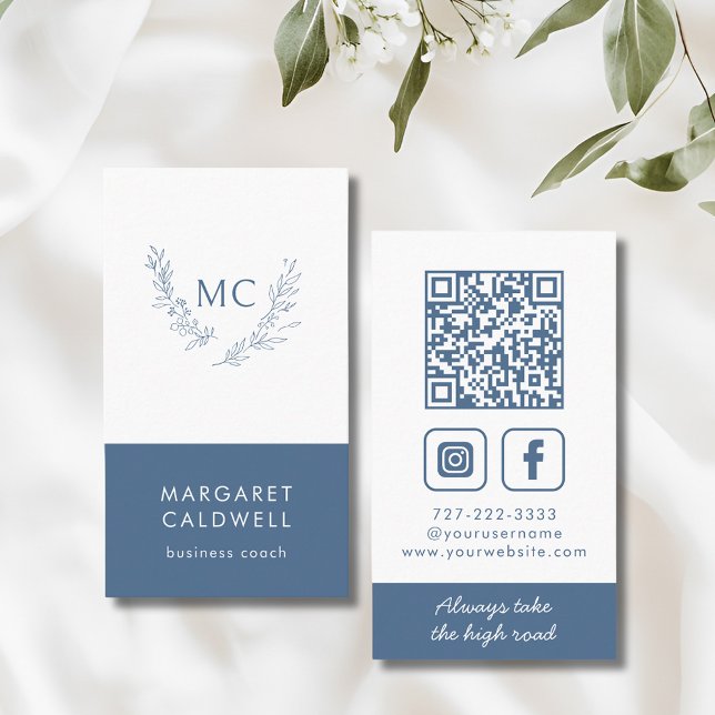 Dusty Blue Monogram Wreath Vertical Business Card (Dusty Blue Monogram Wreath Social Media Vertical Business Card )