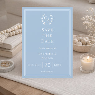Dusty blue monogram wreath wedding save the date