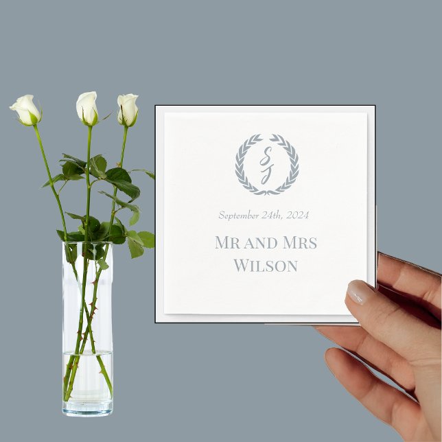 Dusty Blue Monogram Wreath White Dinner Cocktail Napkin (Creator Uploaded)