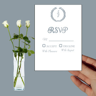Dusty Blue Monogram Wreath White RSVP Card