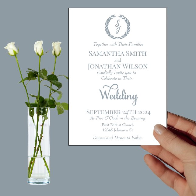 Dusty Blue Monogram Wreath White Wedding Invitation (Creator Uploaded)