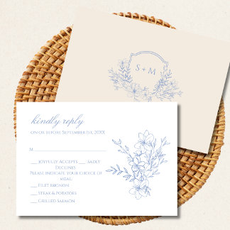 Dusty Blue Monogrammed Crest Floral RSVP Card