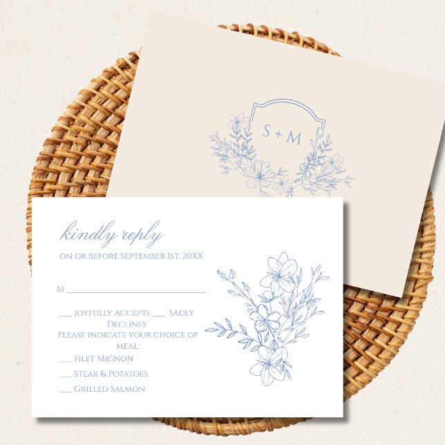 Dusty Blue Monogrammed Crest Floral RSVP Card (Creator Uploaded)