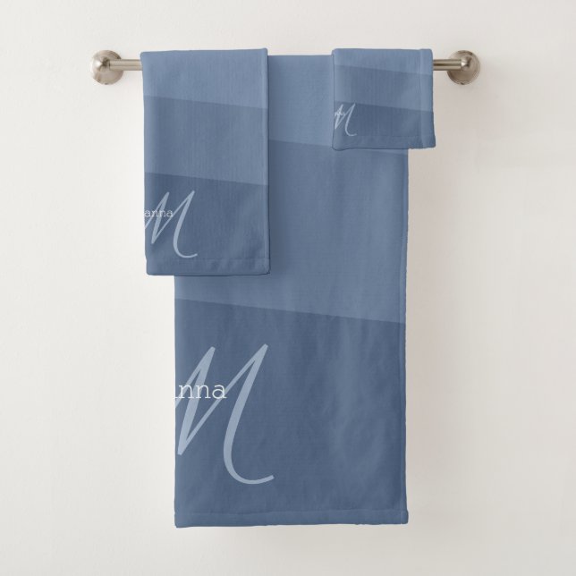 Dusty Blue Monogrammed Geometric Bath Towel Set (Insitu)