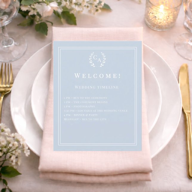 Dusty blue monogrammed wedding program details flyer (Creator Uploaded)