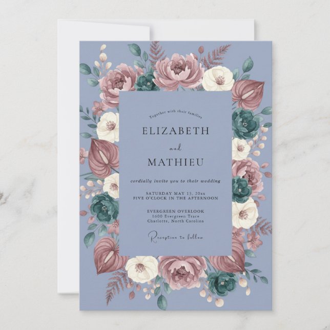 Dusty Blue Moody Botanical Wedding Invitation (Front)
