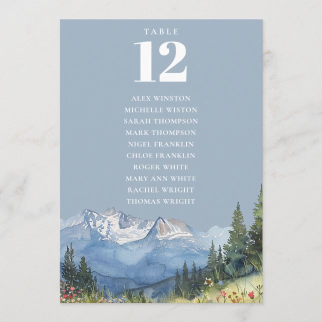 Dusty Blue Mountain Table Number Seating Chart (Front)