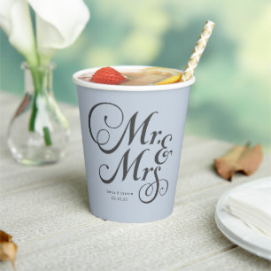 Dusty Blue Mr and Mrs personalised rustic wedding Paper Cups