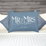 Dusty Blue Mr & Mrs Newlywed Couple Wedding Decorative Cushion<br><div class="desc">Celebrate your holy matrimony with this cute Mr. and Mrs. wedding pillow for newlywed couples. Customise it by adding your last name / surname and wedding anniversary year date. Dusty blue colour with white elegant font. Great for a bridal shower or anniversary / wedding gift for a husband and wife....</div>