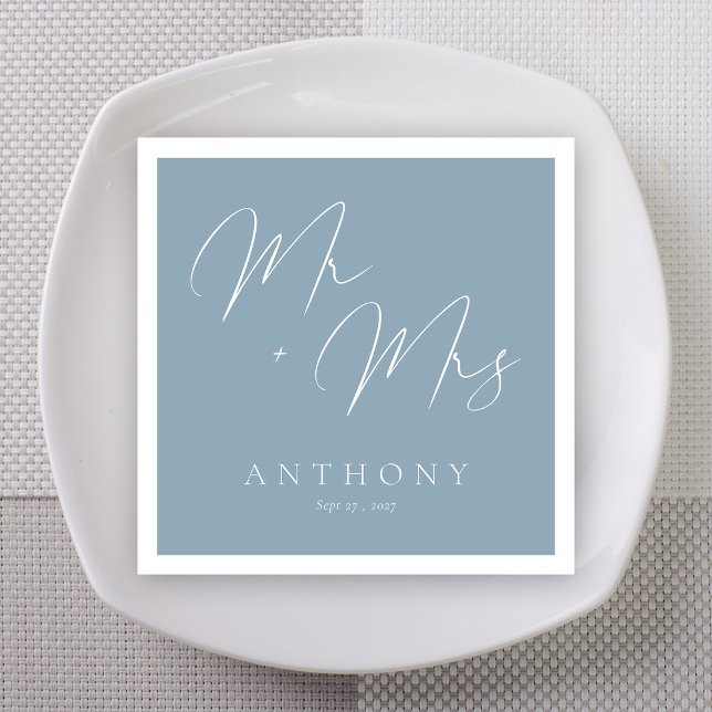 Dusty Blue Mr & Mrs Script Wedding Napkin (Elegant Mr & Mrs Dusty Blue & White Script Wedding Napkins)