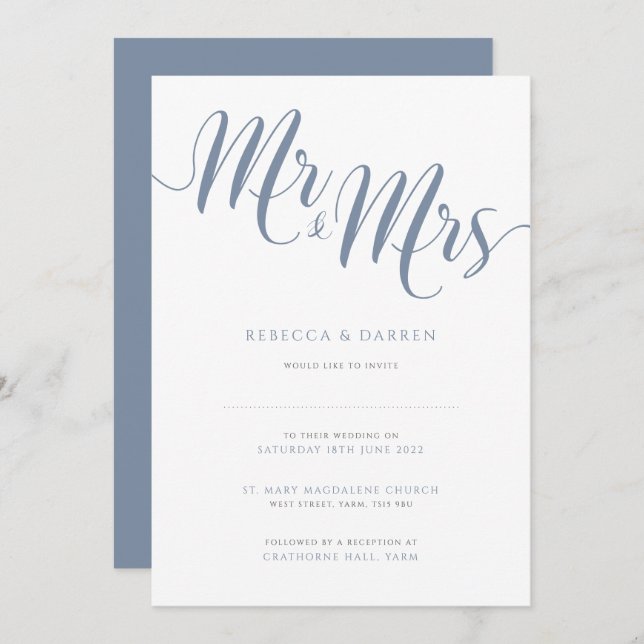 Dusty Blue Mr & Mrs Wedding Invitation (Front/Back)