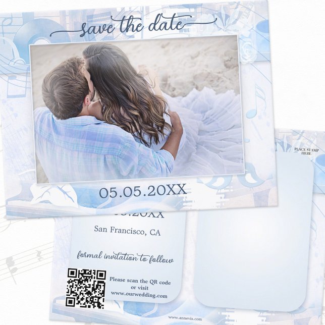 Dusty Blue Music Theme Photo Save the Date Announcement Postcard (Creator Uploaded)